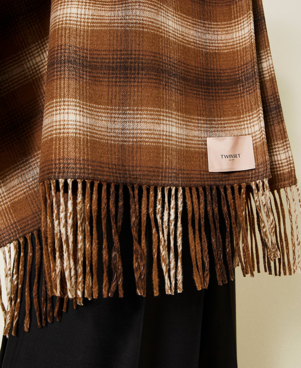 Double wool blend poncho with check pattern