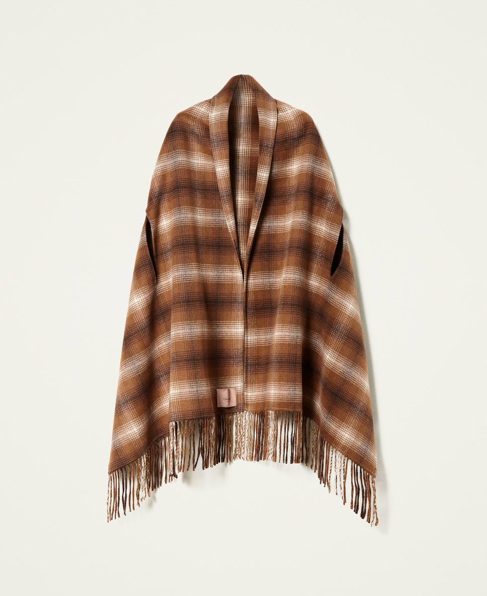 Double wool blend poncho with check pattern