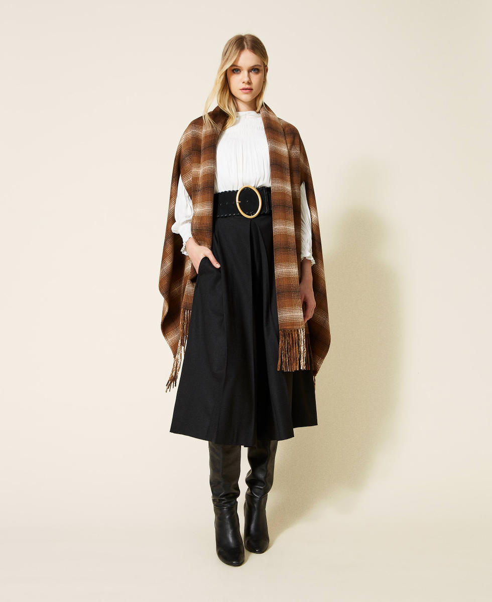 Double wool blend poncho with check pattern