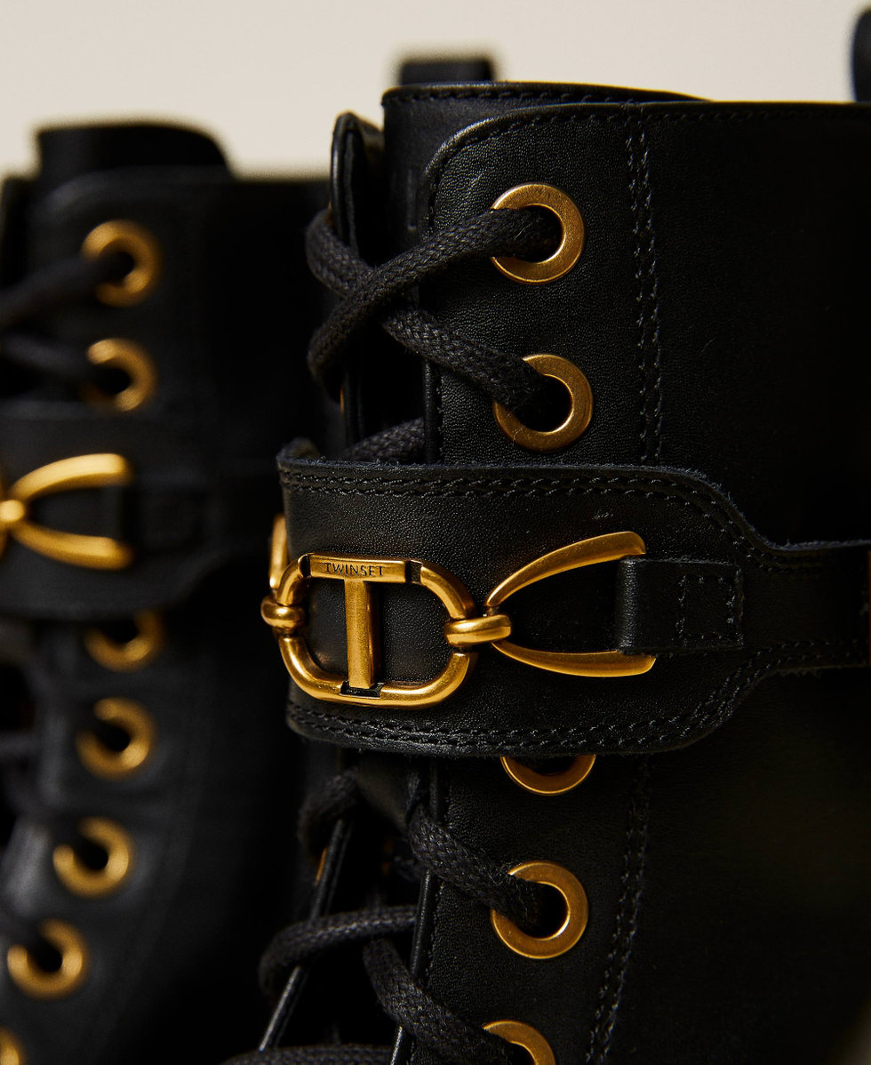 Leather combat boots with logo clasp Woman Black TWINSET Milano