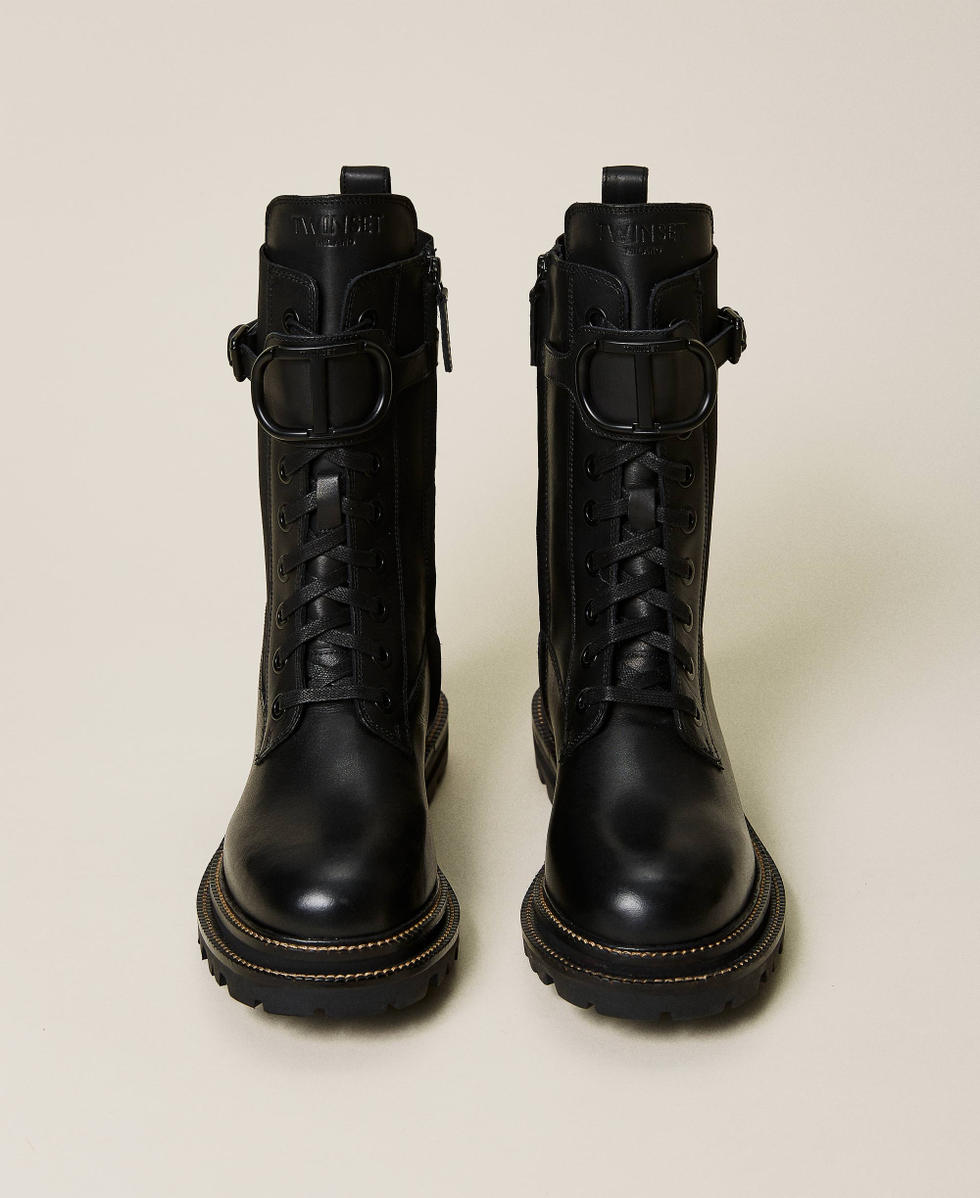 Bottines motardes en cuir et tissu Femme Noir TWINSET Milano