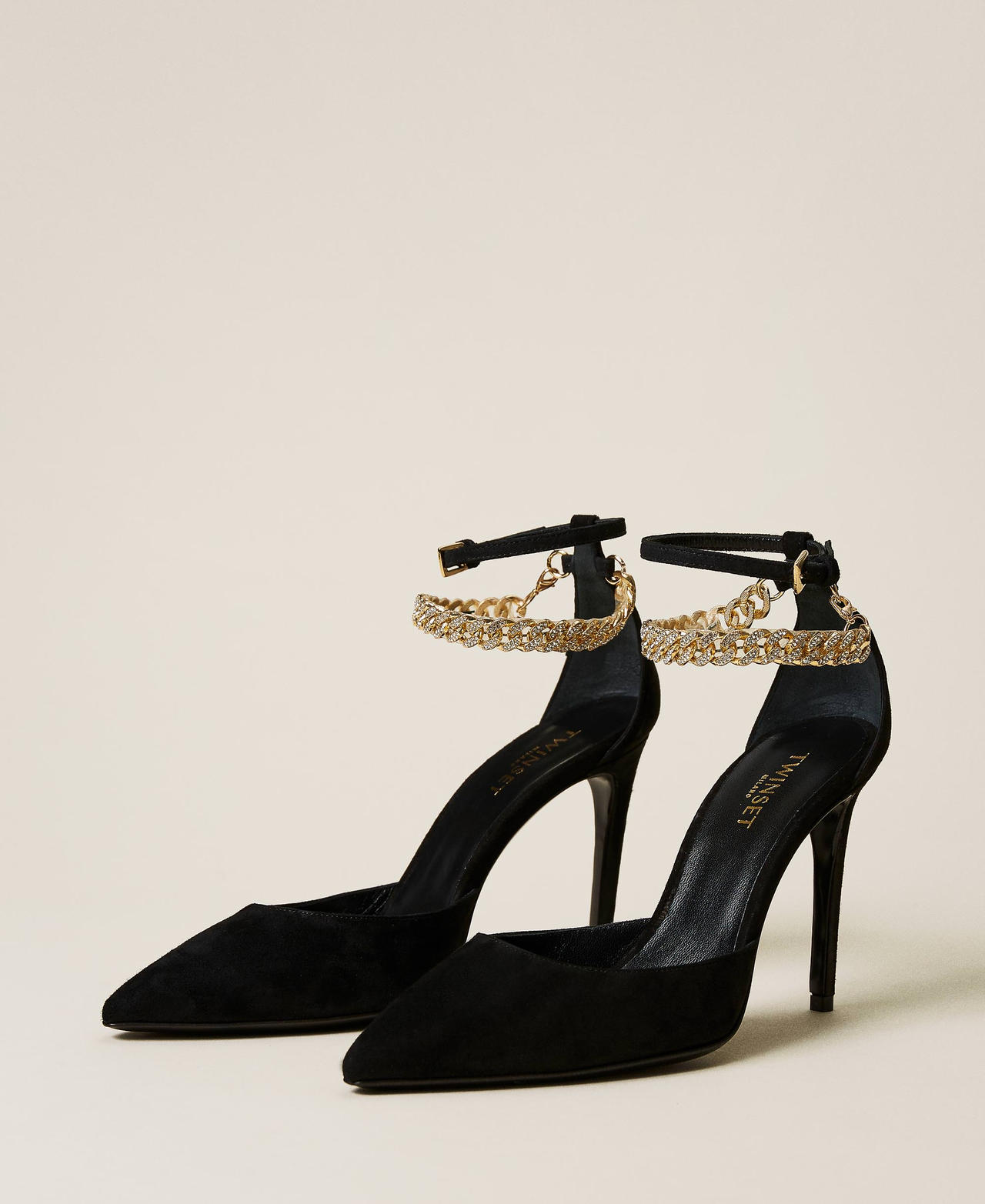 Leather court shoes with chain and strap Black Woman 222TCT018-02