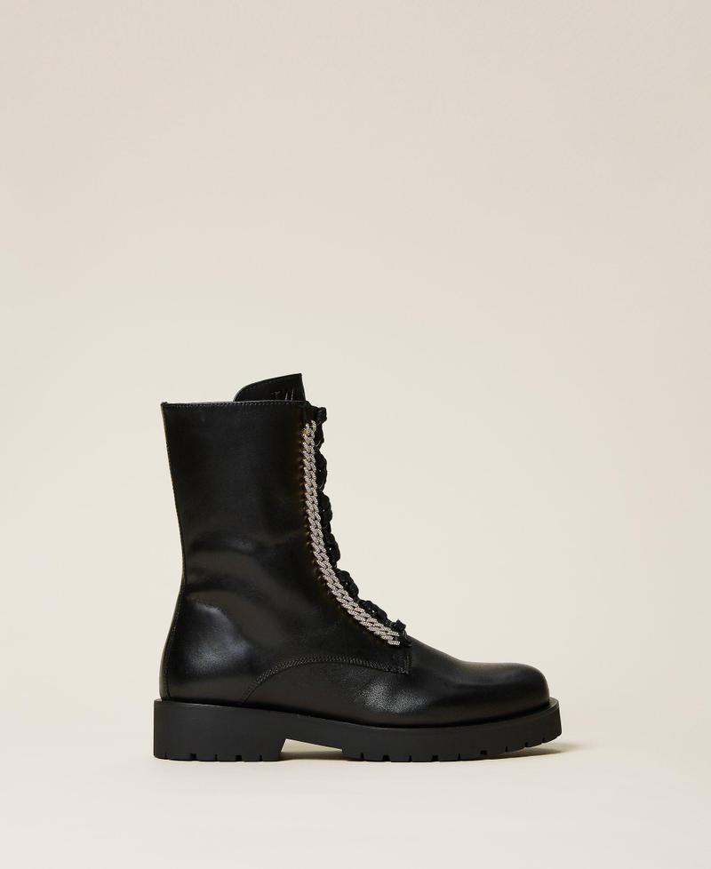 Leather combat boots with rhinestone chain