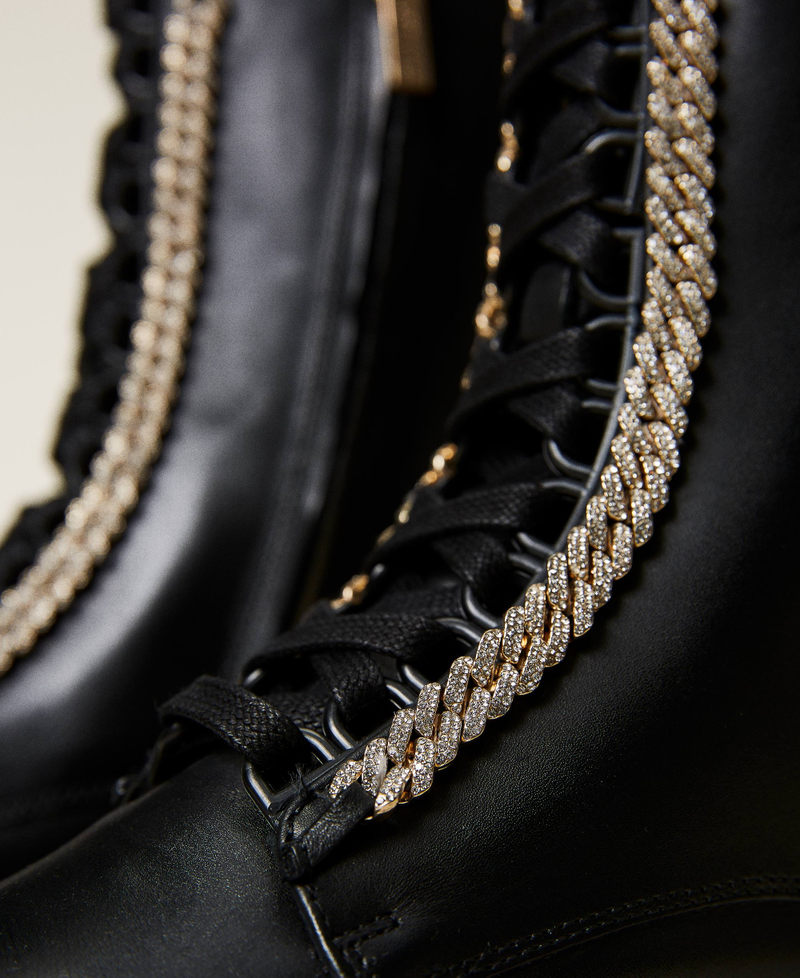 Leather combat boots with rhinestone chain Black Woman 222TCT080-02