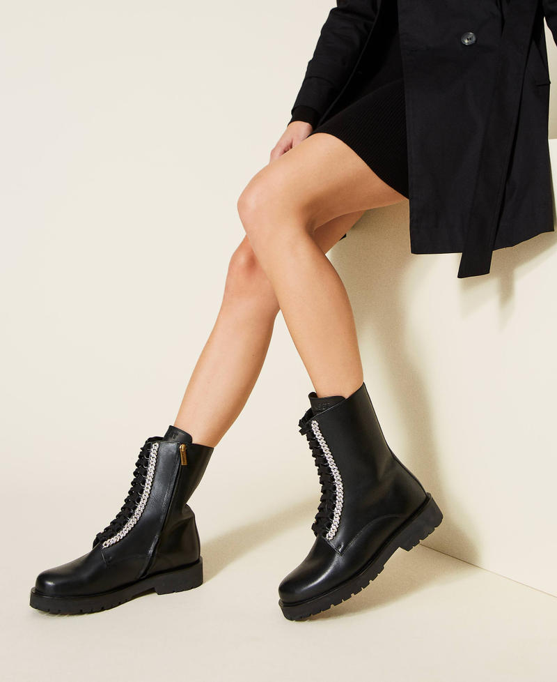 Leather combat boots with rhinestone chain Woman Black TWINSET Milano
