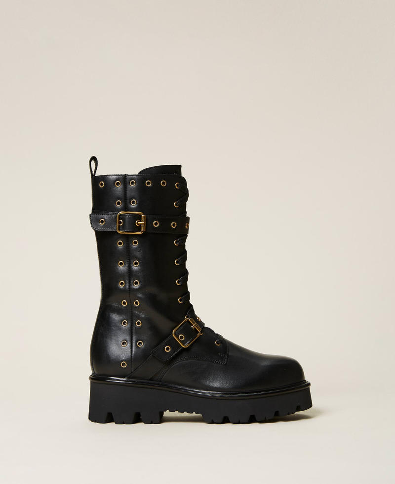 Leather combat boots with decorative eyelets Woman, Black TWINSET Milano