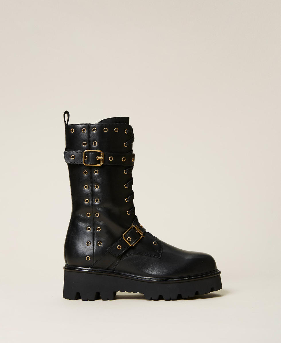 Anfibi in pelle con occhielli decor Donna Nero TWINSET Milano
