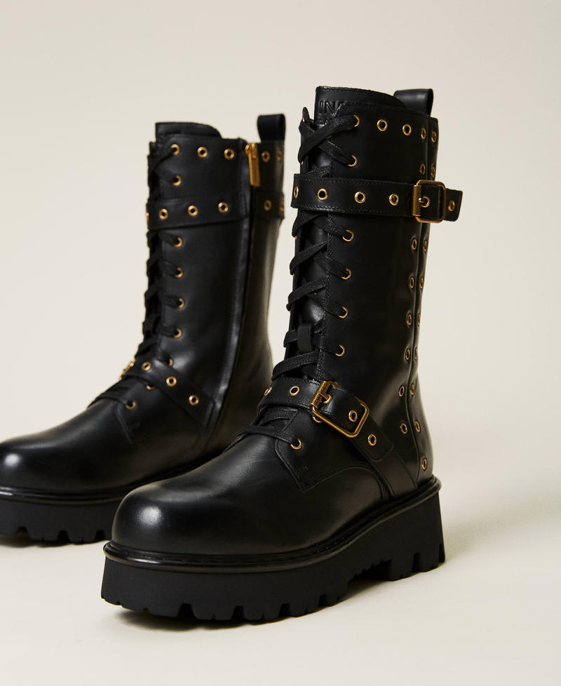 Leather combat boots with decorative eyelets Woman, Black TWINSET Milano