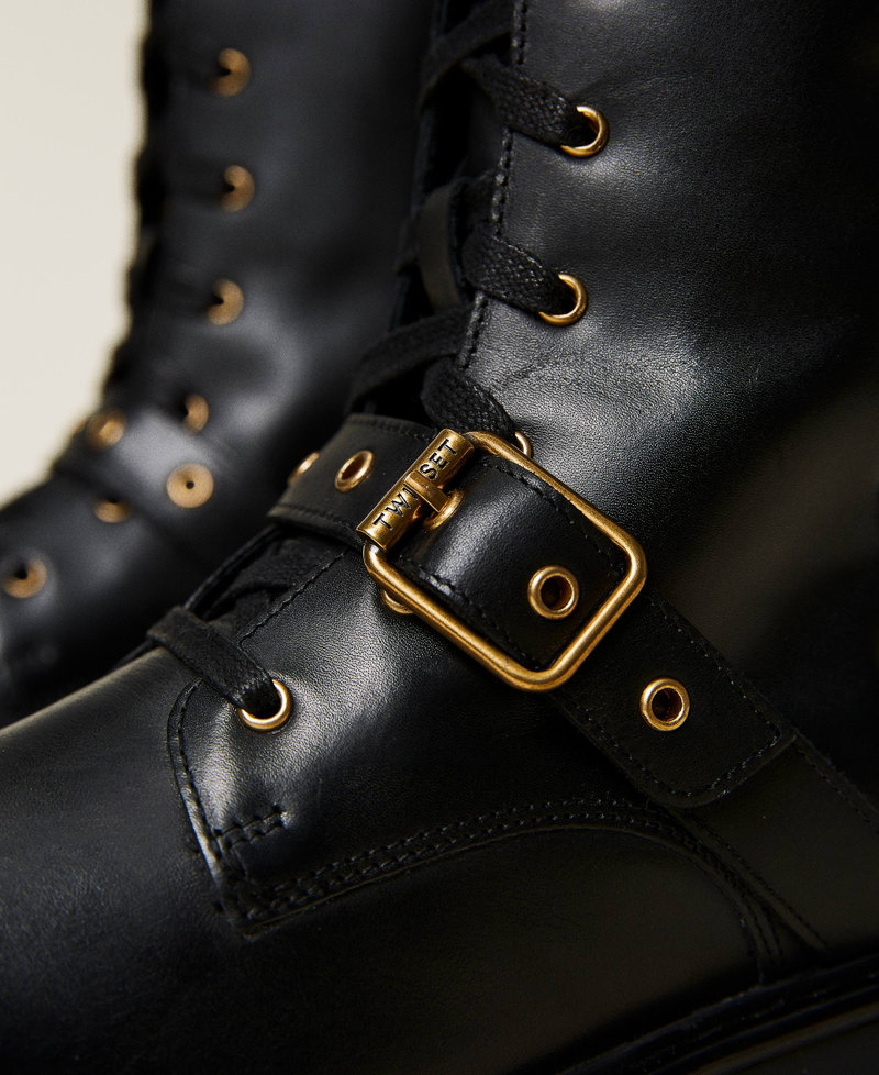 Leather combat boots with decorative eyelets Black Woman 222TCT090-03