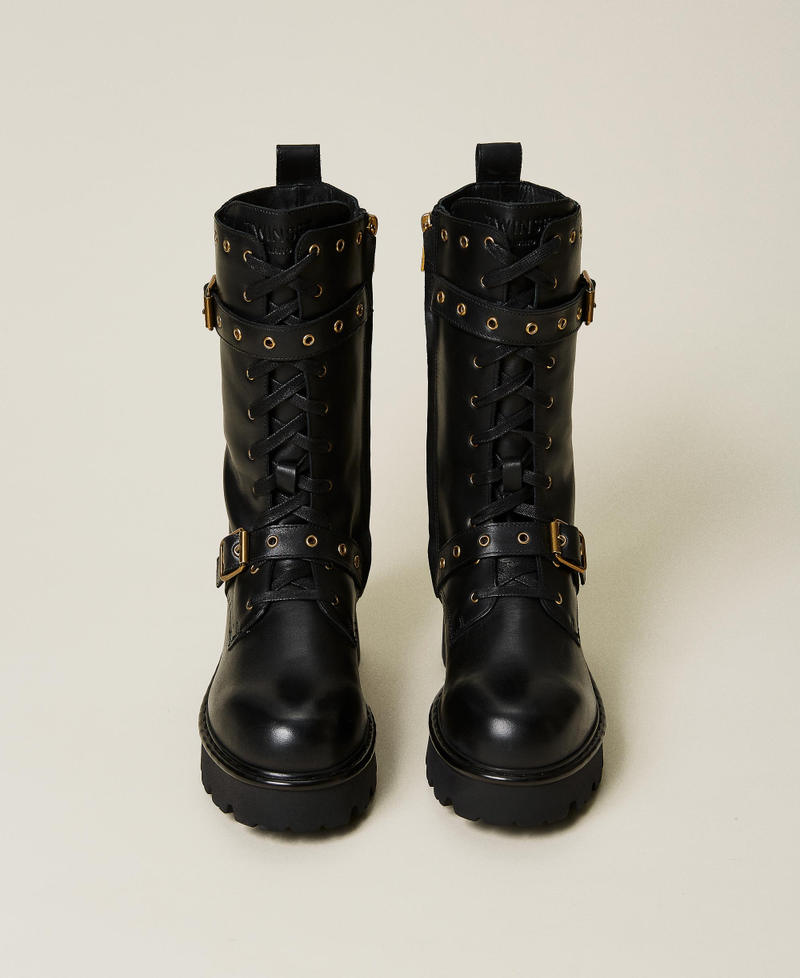 Leather combat boots with decorative eyelets Woman, Black TWINSET Milano