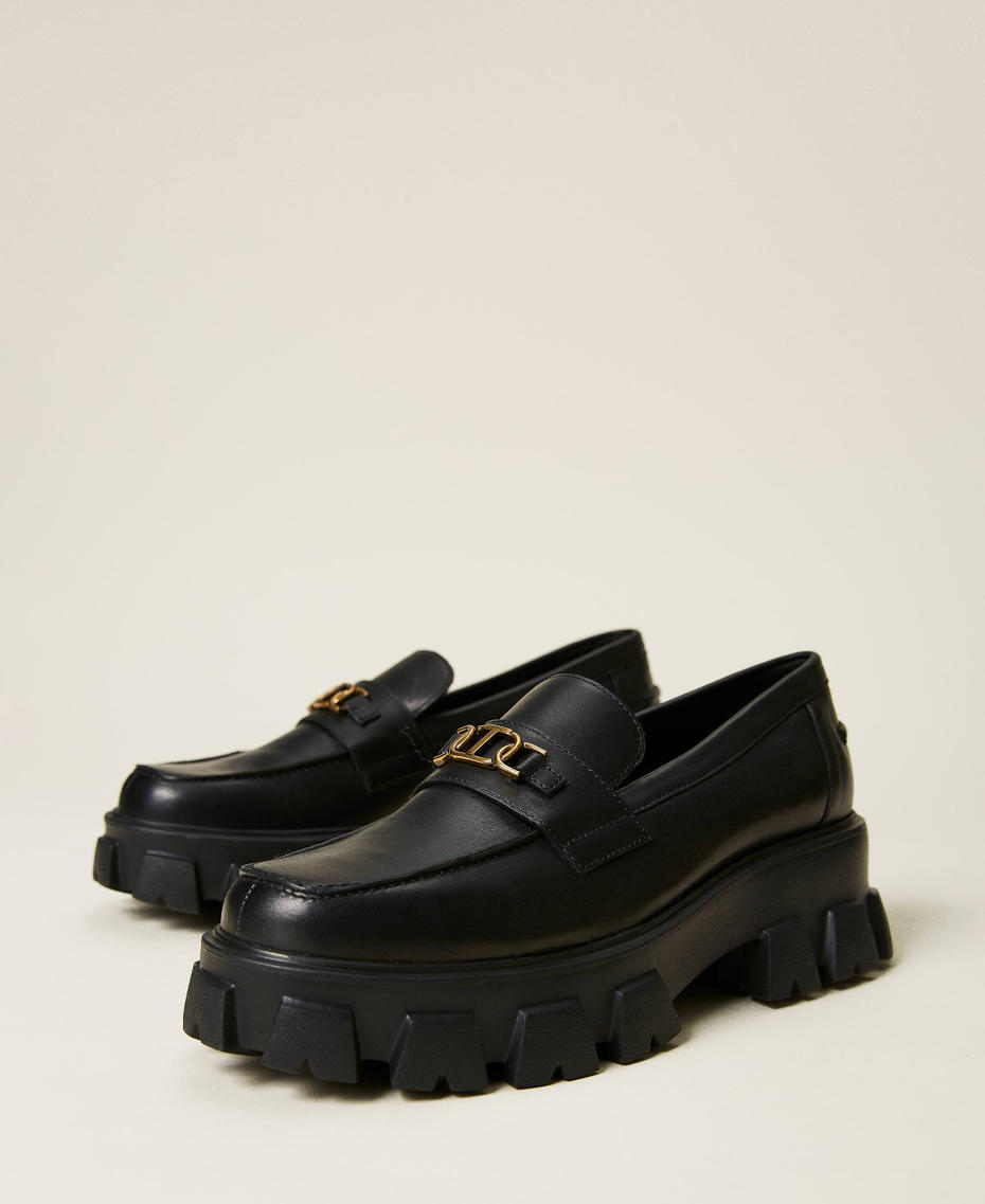 Leather loafers with Oval T logo Black Woman 222TCT122-01