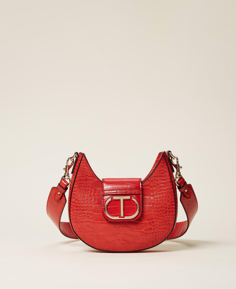 Shoulder bag with crocodile print and logo Woman, Red