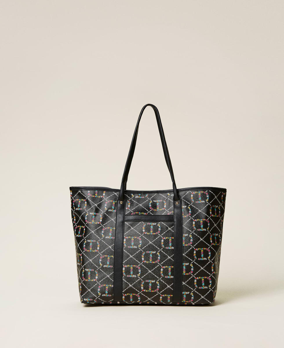 responder Malversar Parpadeo Bolso shopper con logotipo de flores allover Mujer, Negro | TWINSET Milano