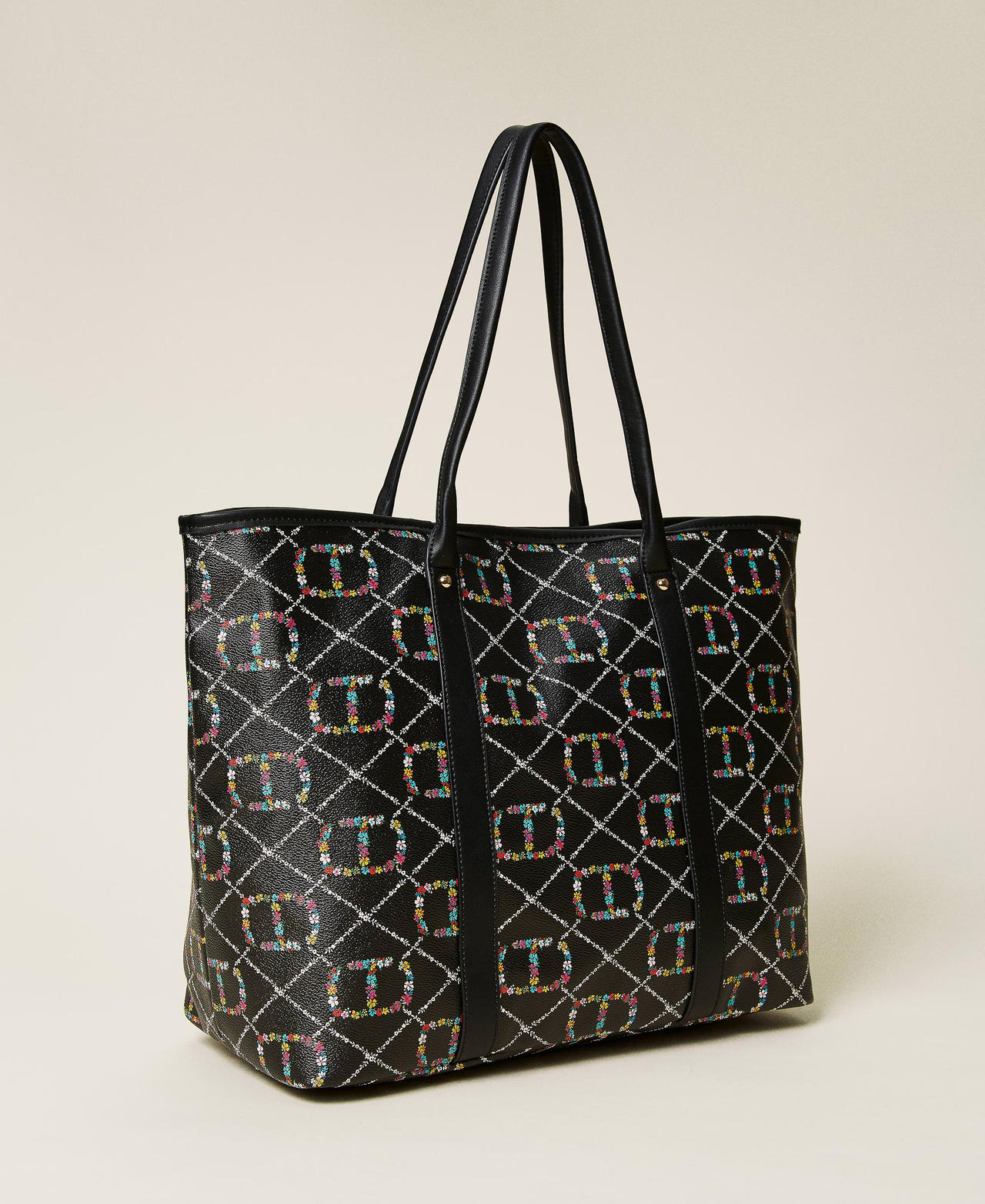 Shopper with floral logo all over Flower / Black Oval T Design Woman 222TD8110_10158_03