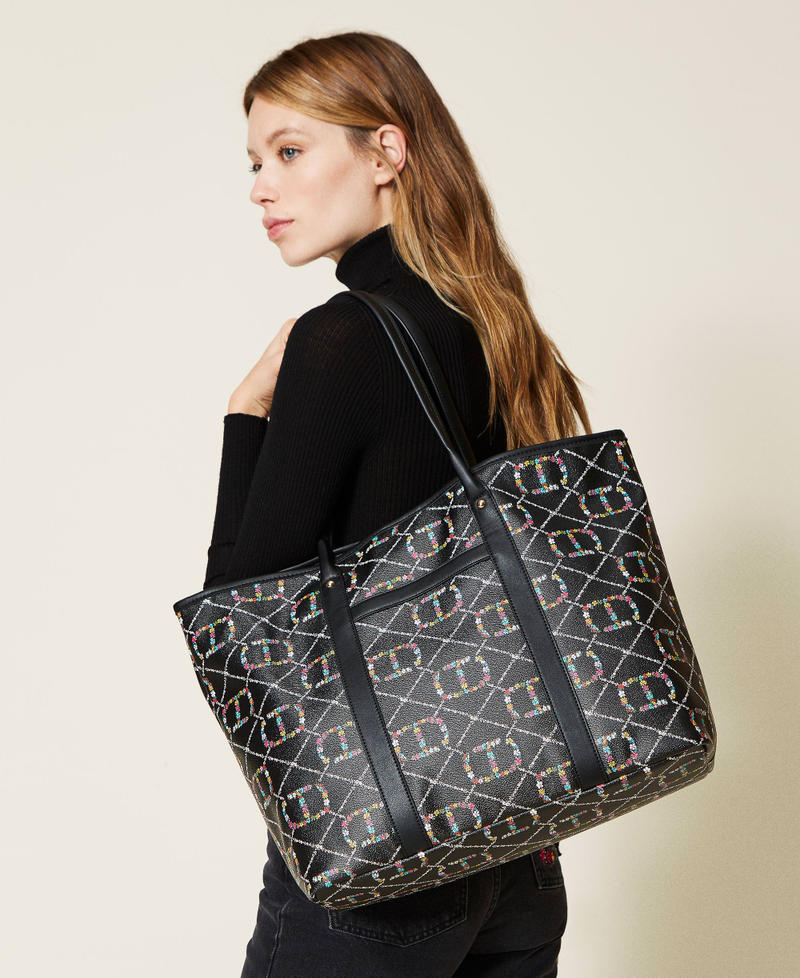 Shopper with floral logo all over Flower / Black Oval T Design Woman 222TD8110_10158_S0