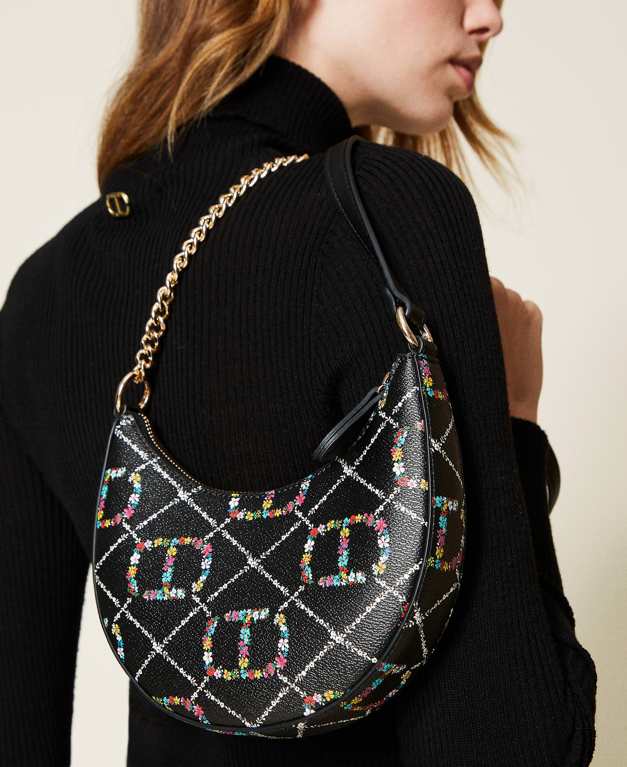 Borsa hobo 'Moon' con tracolla e logo Disegno Oval T Flower / Nero Donna 222TD8112_10158_0S