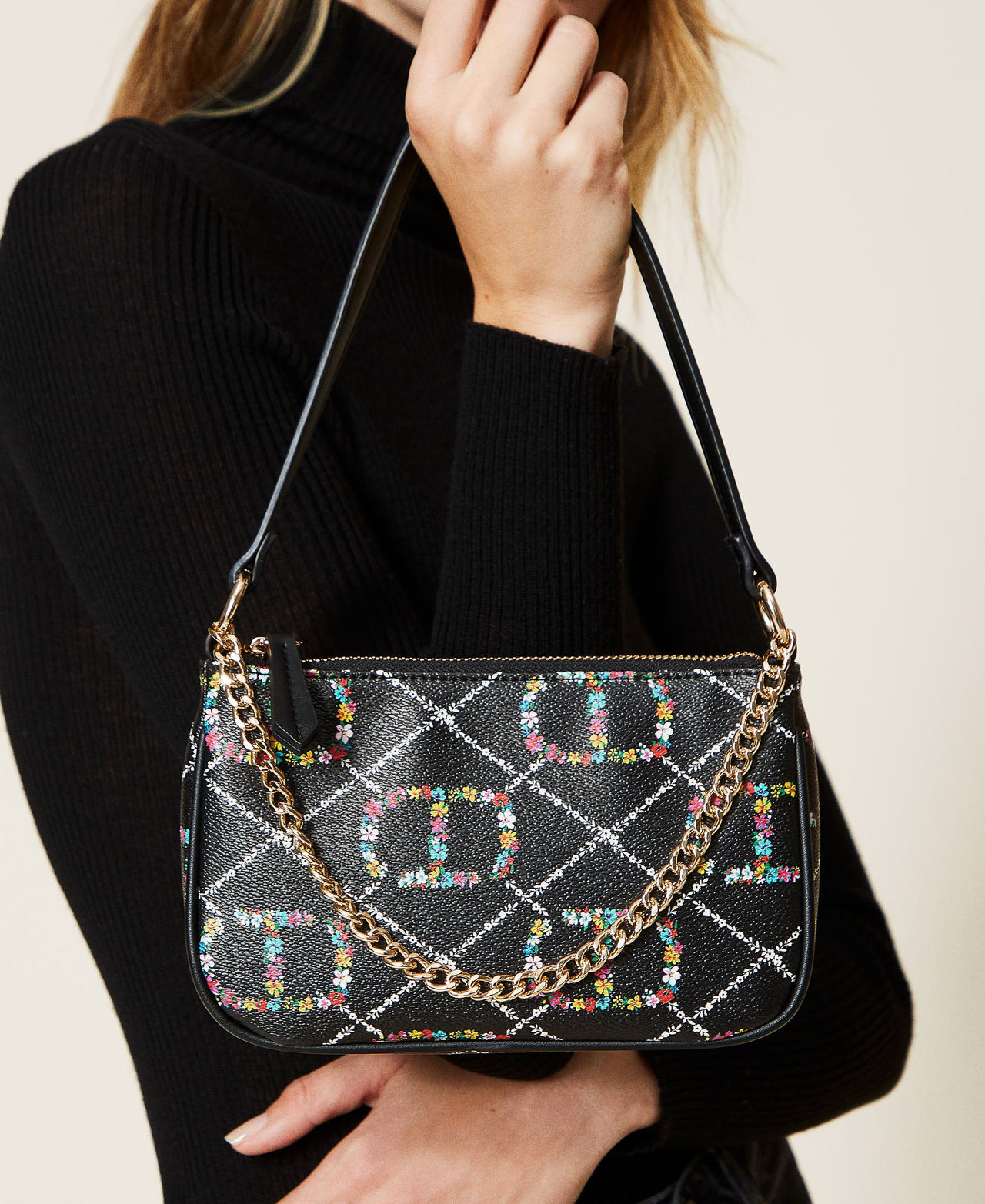 Borsa 'Petite' con tracolla e logo a fiori Disegno Oval T Flower / Nero Donna 222TD8113_10158_0S