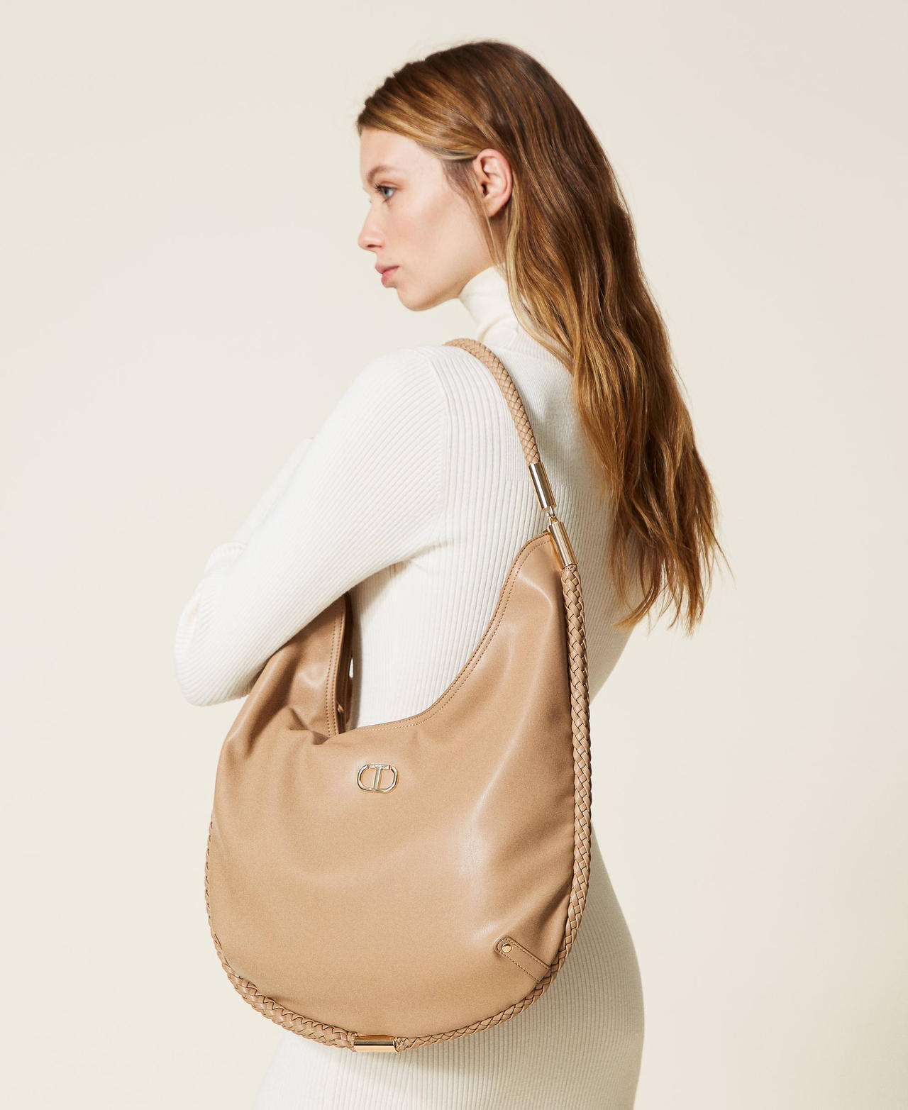 'Miro' hobo bag with weaved trim "Light Wood" Beige Woman 222TD8171_10017_0S