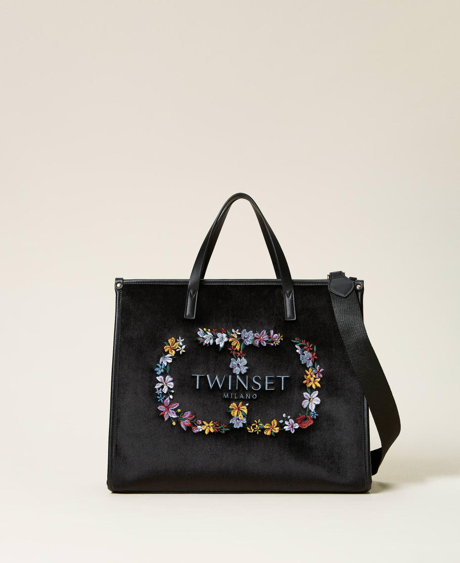 Бархатная сумка-шоппер Bloom с вышитым логотипом Oval T Вышивка Oval T Цветок женщина 222TD8250-01