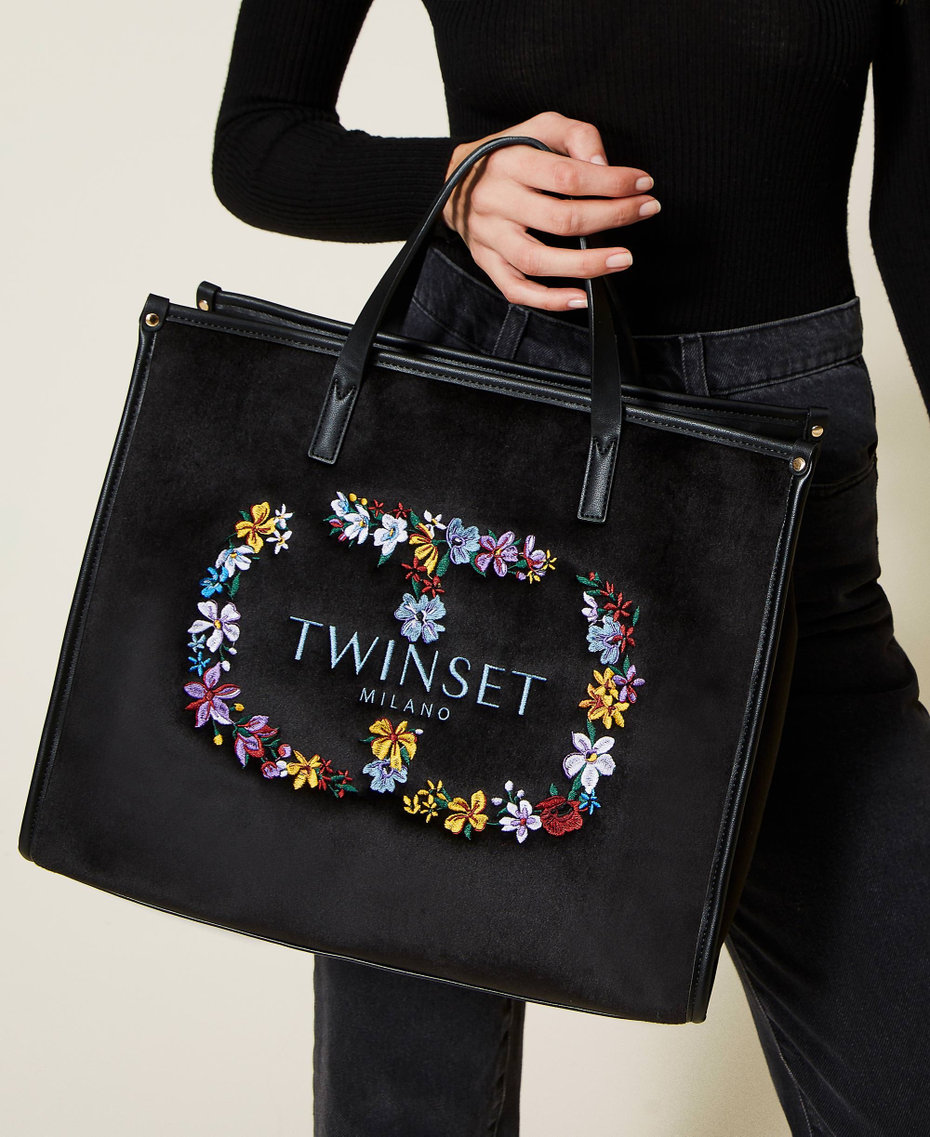 'Bloom' velvet shopper with Oval T embroidery Oval T Flower embroidery Woman 222TD8250-0S