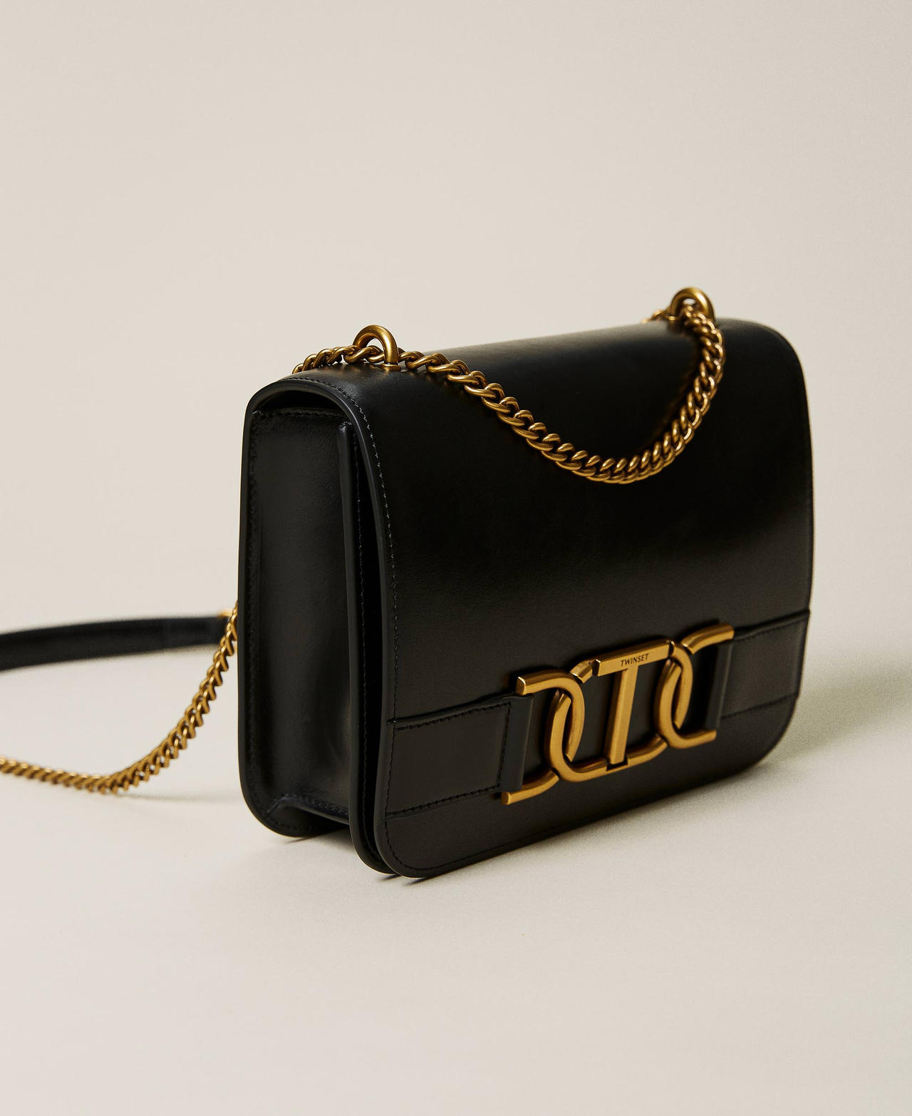 'Grace' leather shoulder bag with logo chain Black Woman 222TD8300-02