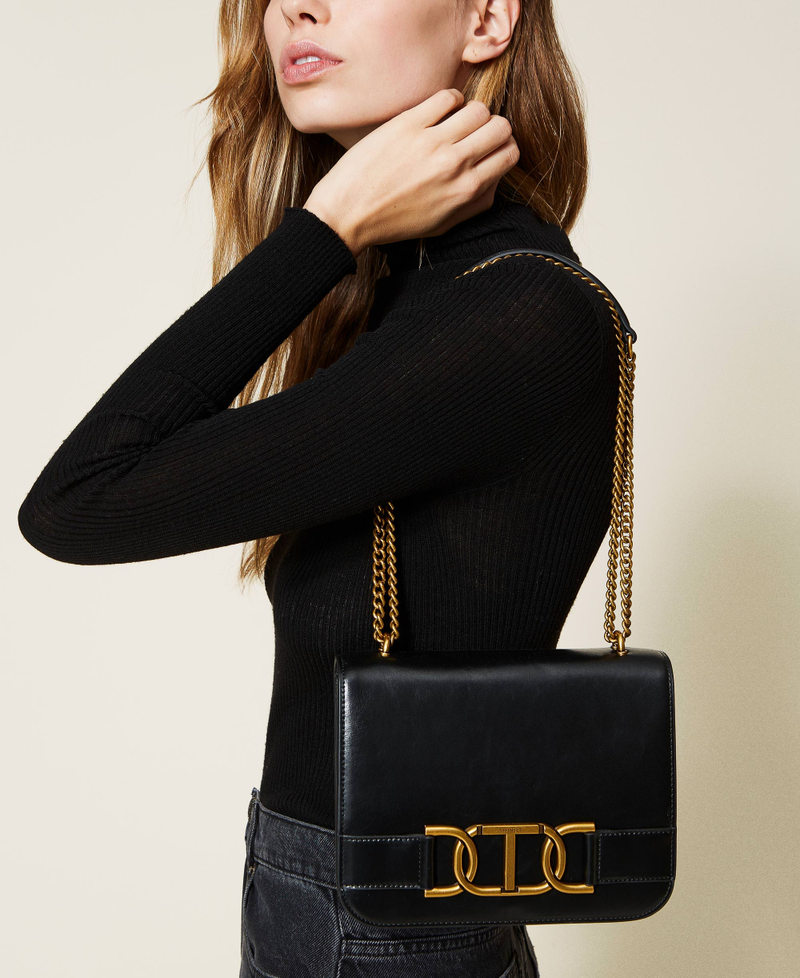 'Grace' leather shoulder bag with logo chain Black Woman 222TD8300-0S