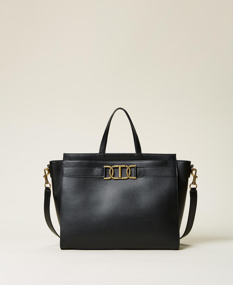 'Grace' leather shopper with logo chain Black Woman 222TD8302-01