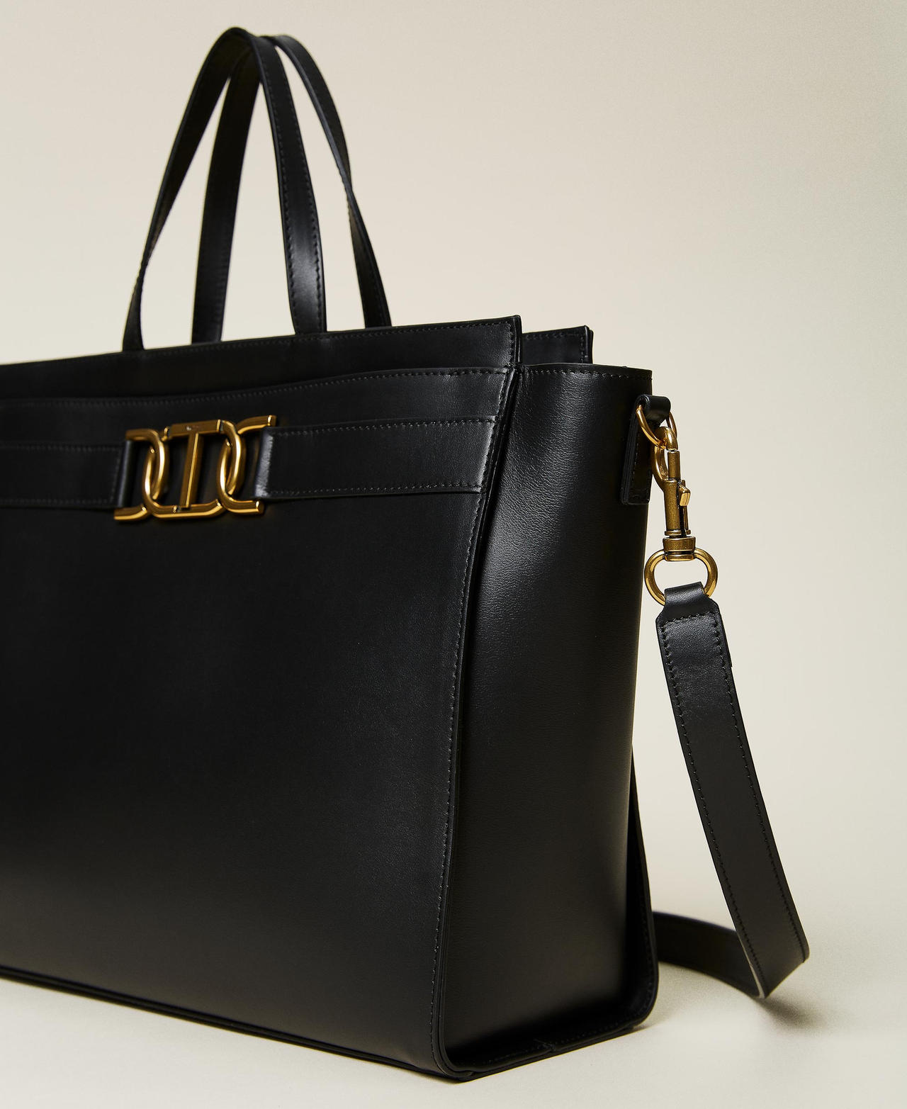 'Grace' leather shopper with logo chain Black Woman 222TD8302-02