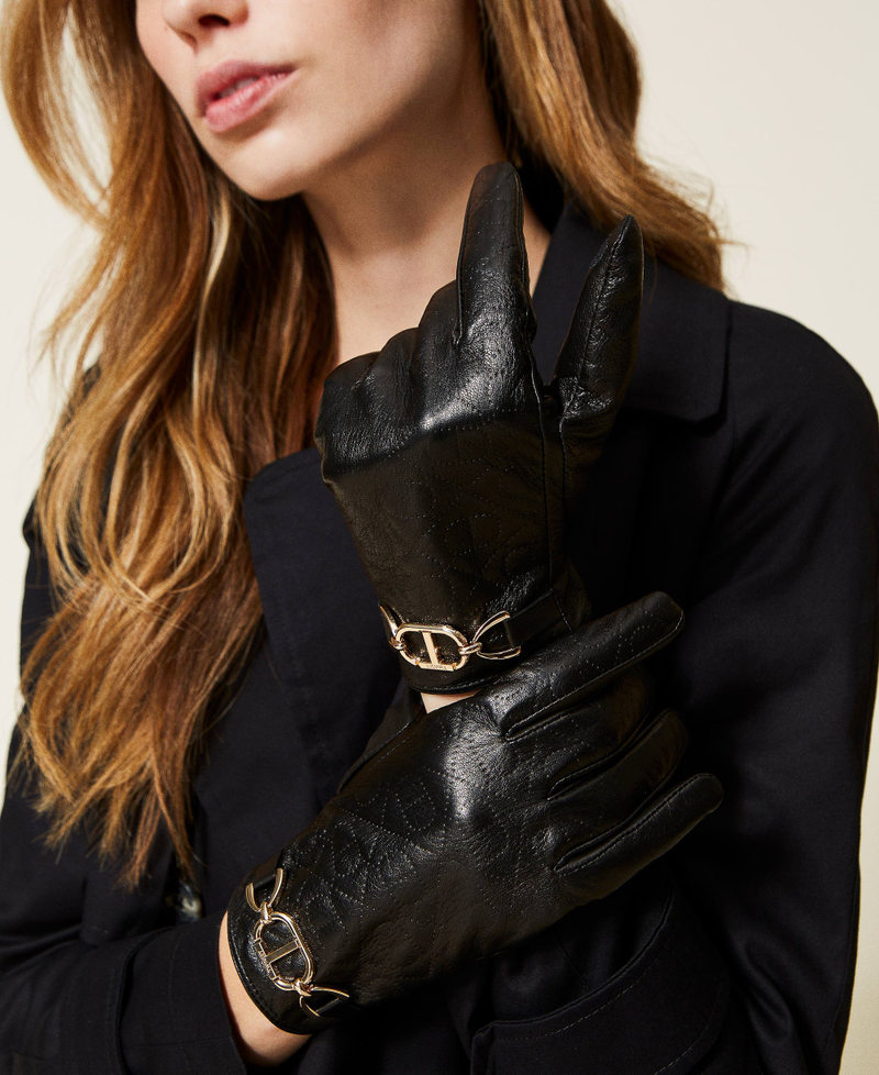 Handschuhe aus Leder mit „Oval T“-Trense Schwarz Frau 222TO5022-0S
