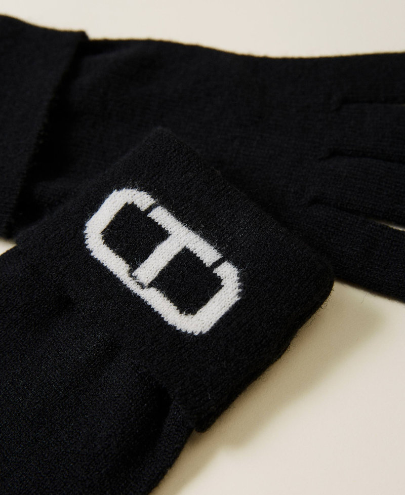 Strickhandschuhe mit „Oval T“-Logo Zweifarbig Schneeweiß / Schwarz Frau 222TO502F_02866_02