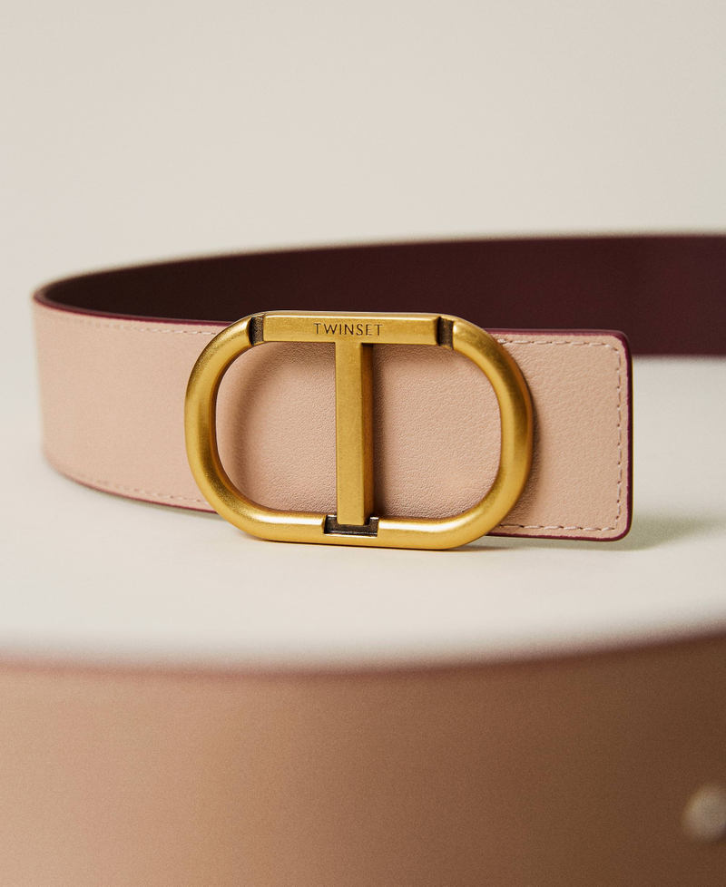 Reversible leather belt with logo Two-tone Grape / "Parisienne" Pink Woman 222TO5042-04
