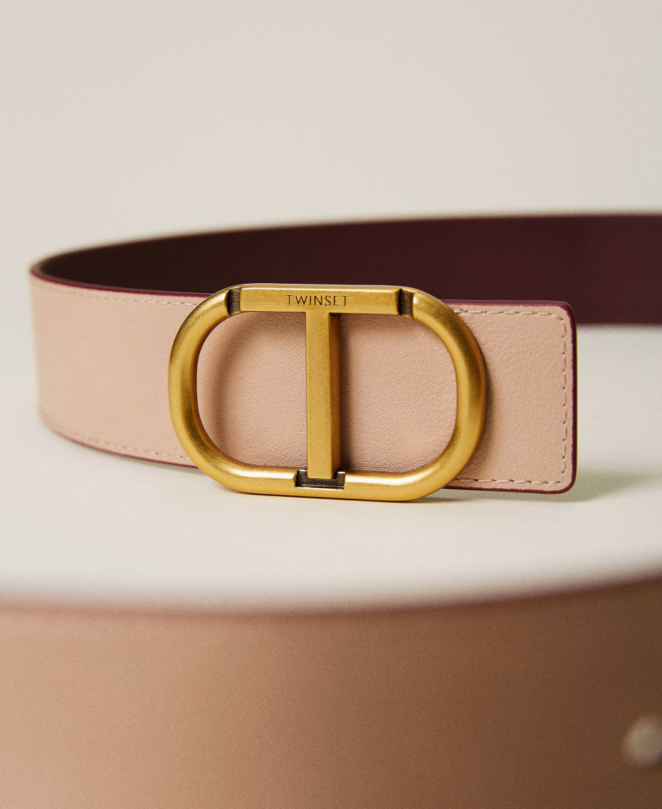 Reversible leather belt with logo Two-tone Grape / "Parisienne" Pink Woman 222TO5042-04