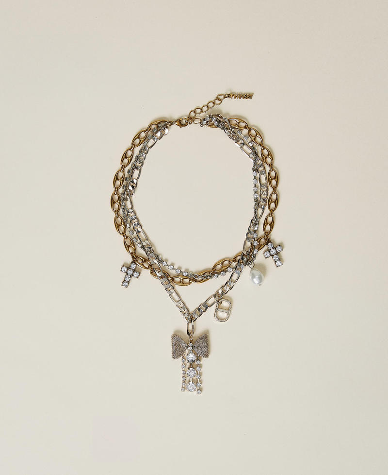 Chain necklace with pearls and rhinestones Multicolour Galvanised Aged Coppered Brass Woman 222TO5060-01