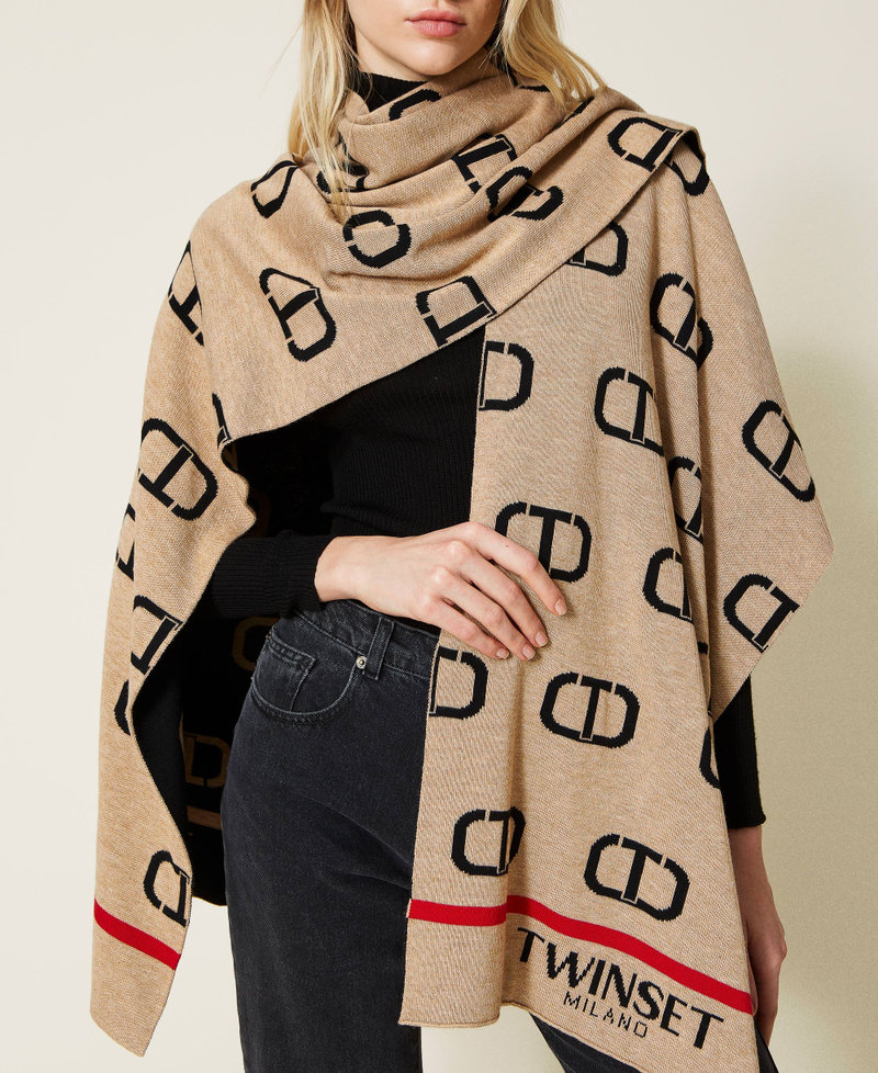 Reversible poncho with Oval T logo Two-tone "Light Wood" Beige / Black Woman 222TO5099-04