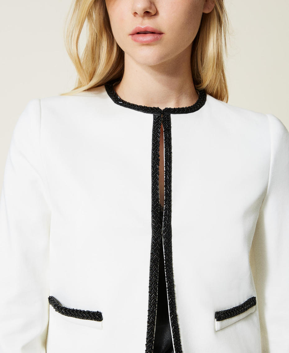 Mandarin collar jacket with handmade embroidery Bicolour "Snow" White / Black Woman 222TP2030-05