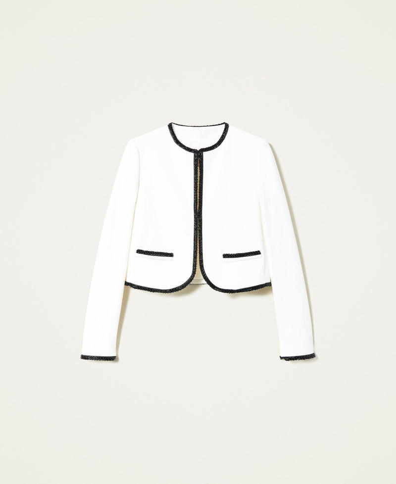 Mandarin collar jacket with handmade embroidery Bicolour "Snow" White / Black Woman 222TP2030-0S