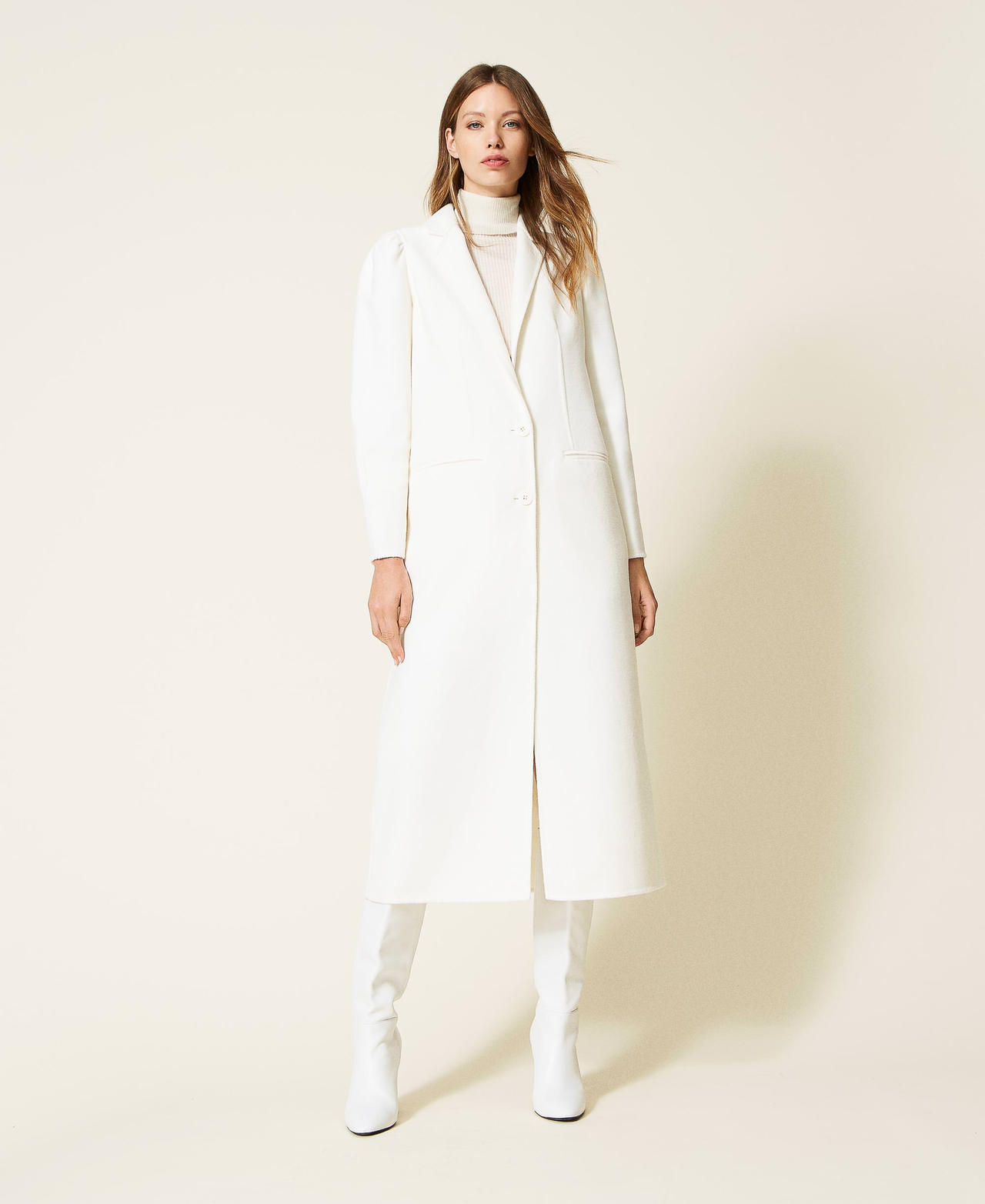 Doubled wool blend long coat Woman, White | TWINSET Milano Doubled wool blend long coat Woman, White | TWINSET Milano