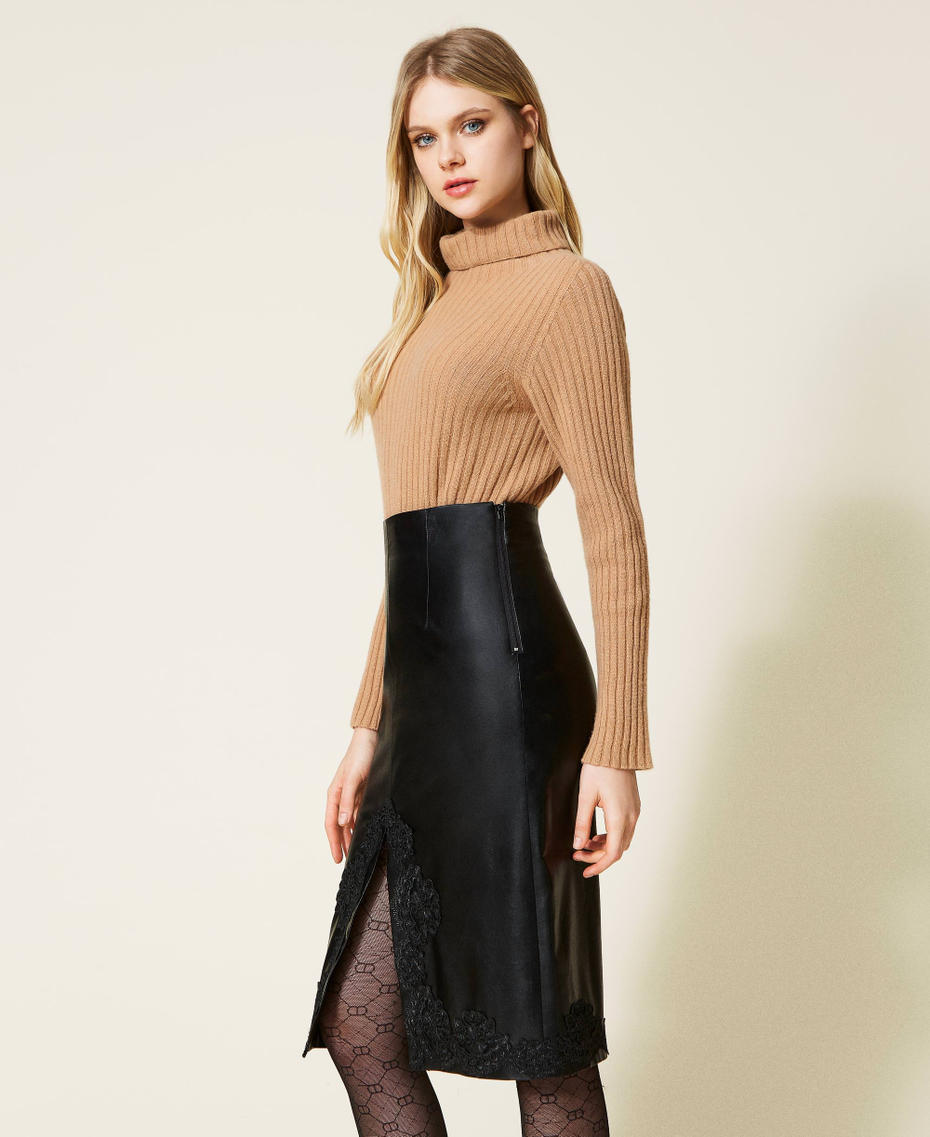 Leather-like midi skirt with lace Black Woman 222TP2081-03