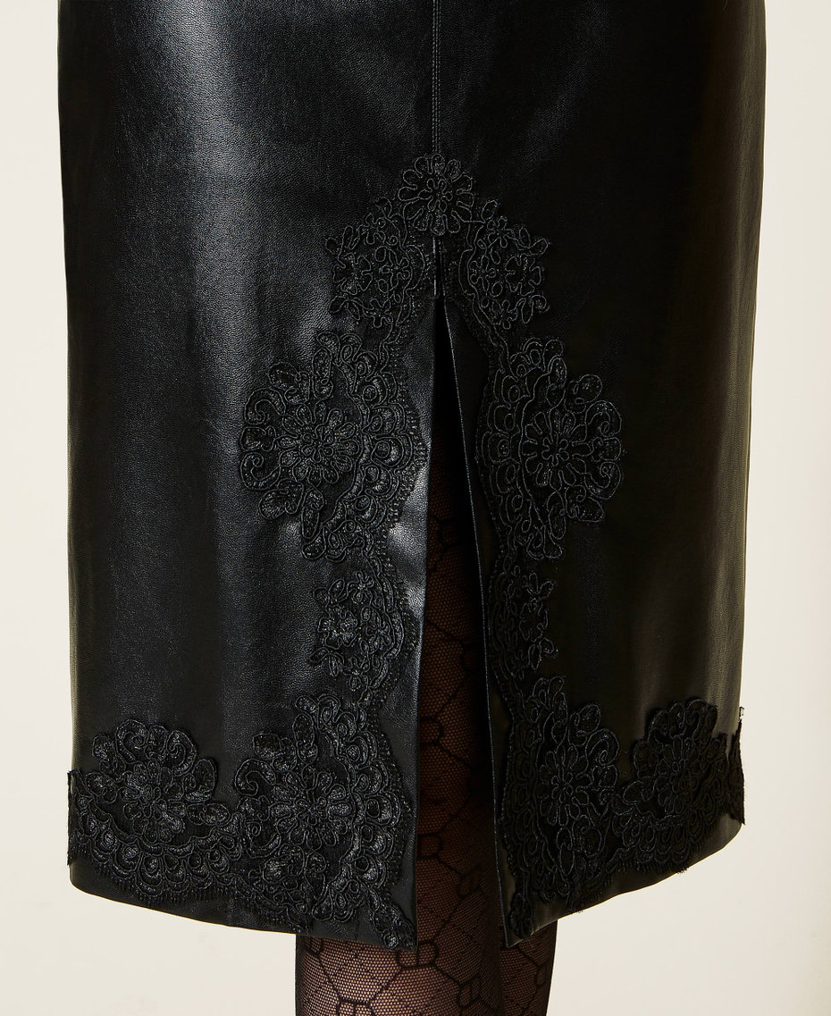 Leather-like midi skirt with lace Black Woman 222TP2081-05