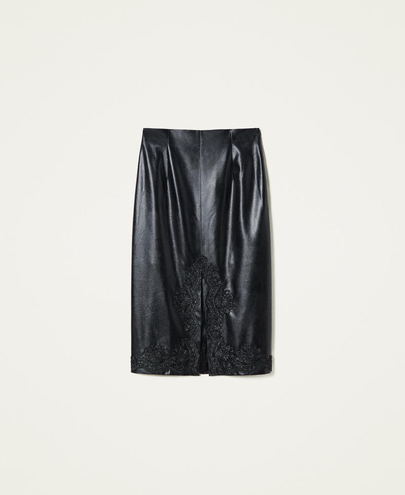 Leather-like midi skirt with lace Black Woman 222TP2081-0S