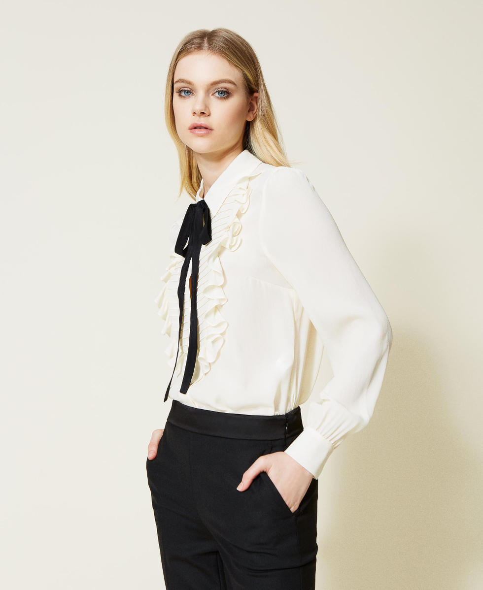 Silk blend shirt with ribbon Woman, White | TWINSET Milano Silk blend shirt with ribbon Woman, White | TWINSET Milano