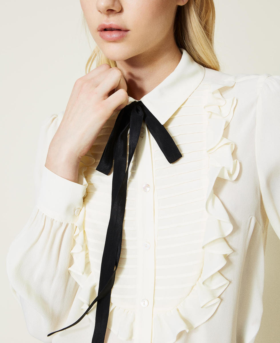 Silk blend shirt with ribbon Woman, White | TWINSET Milano Silk blend shirt with ribbon Woman, White | TWINSET Milano