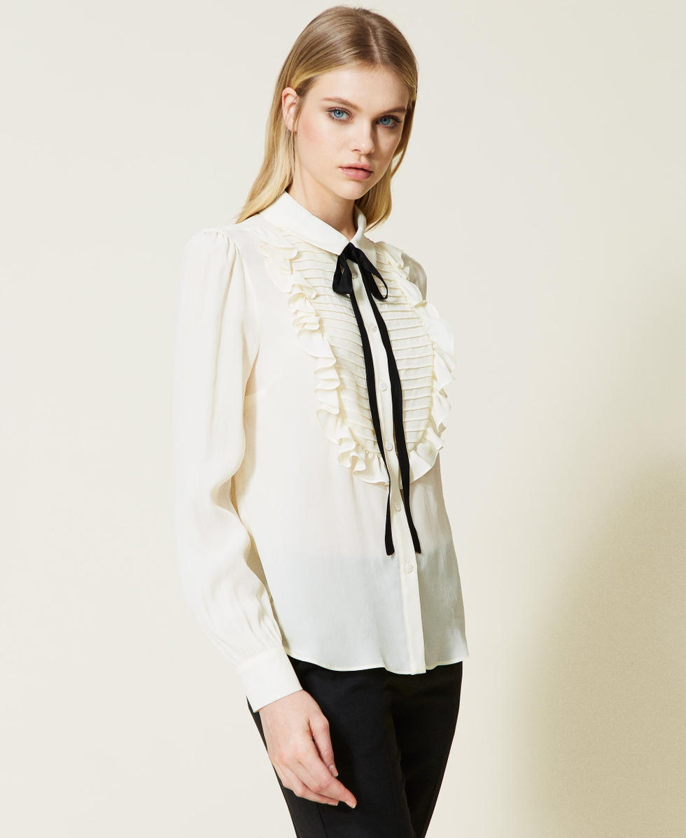 Silk blend shirt with ribbon Woman, White | TWINSET Milano