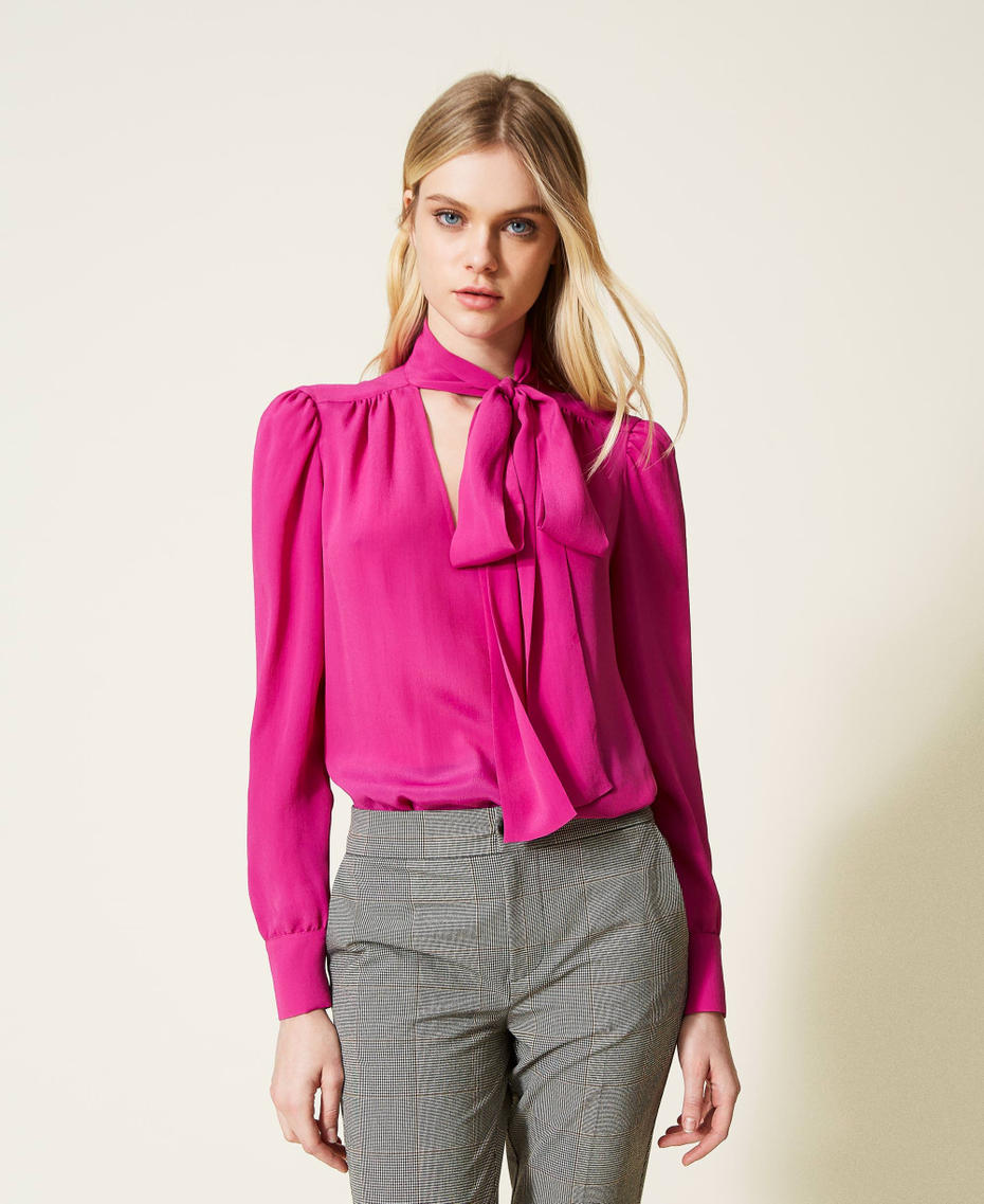 Silk blend blouse with pussy bow "Festival” Fuchsia Woman 222TP2102-01