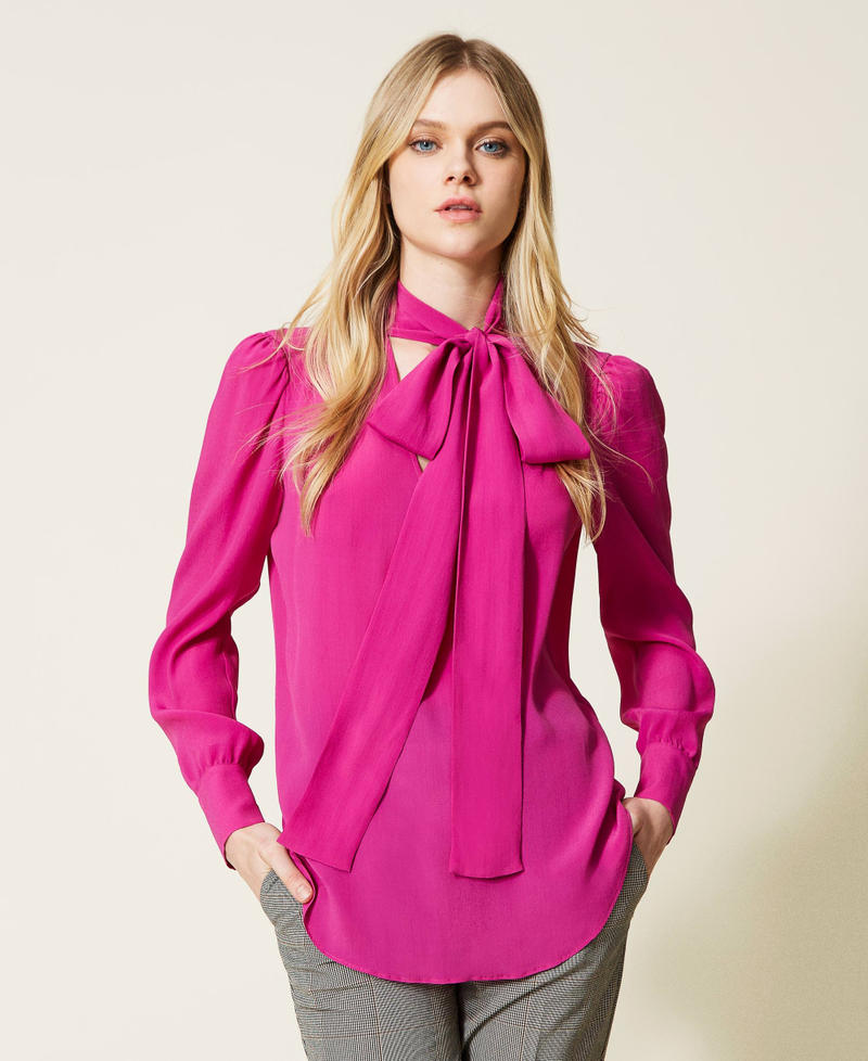 Silk blend blouse with pussy bow "Festival” Fuchsia Woman 222TP2102-04
