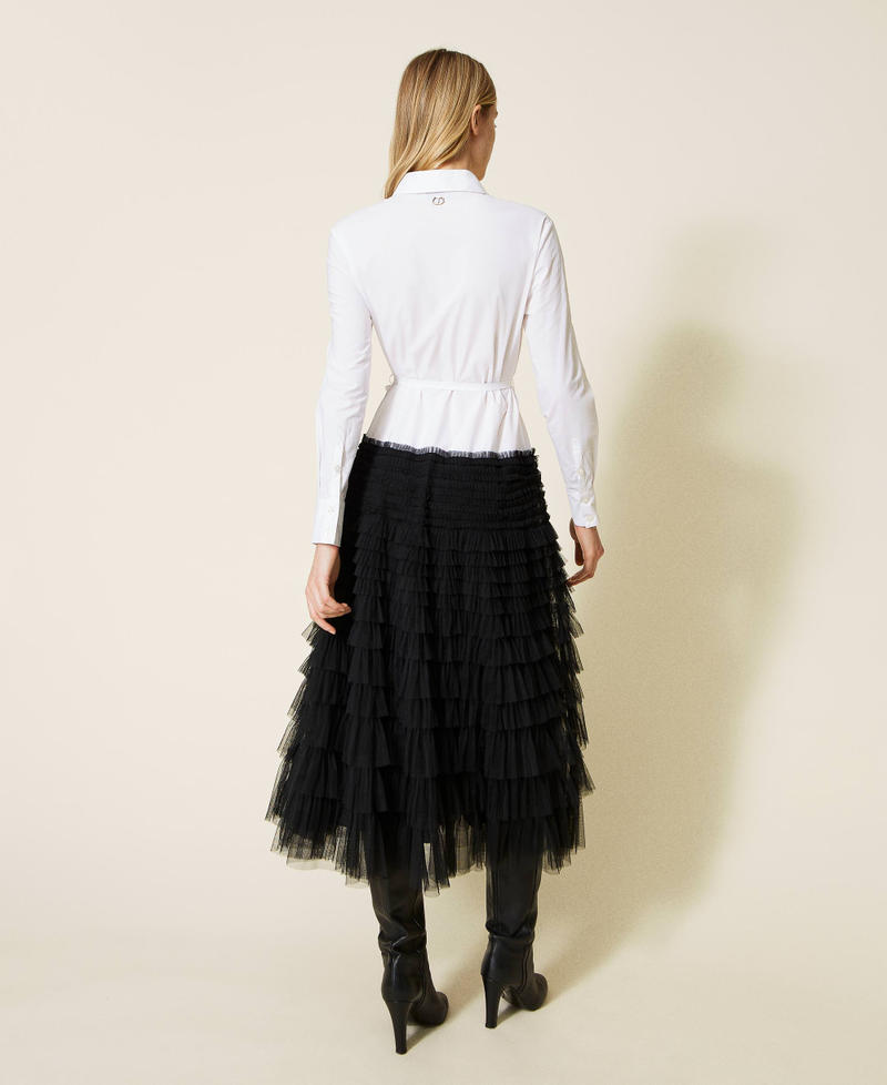Long poplin dress with pleated tulle Optical White / Black Woman 222TP2110-04