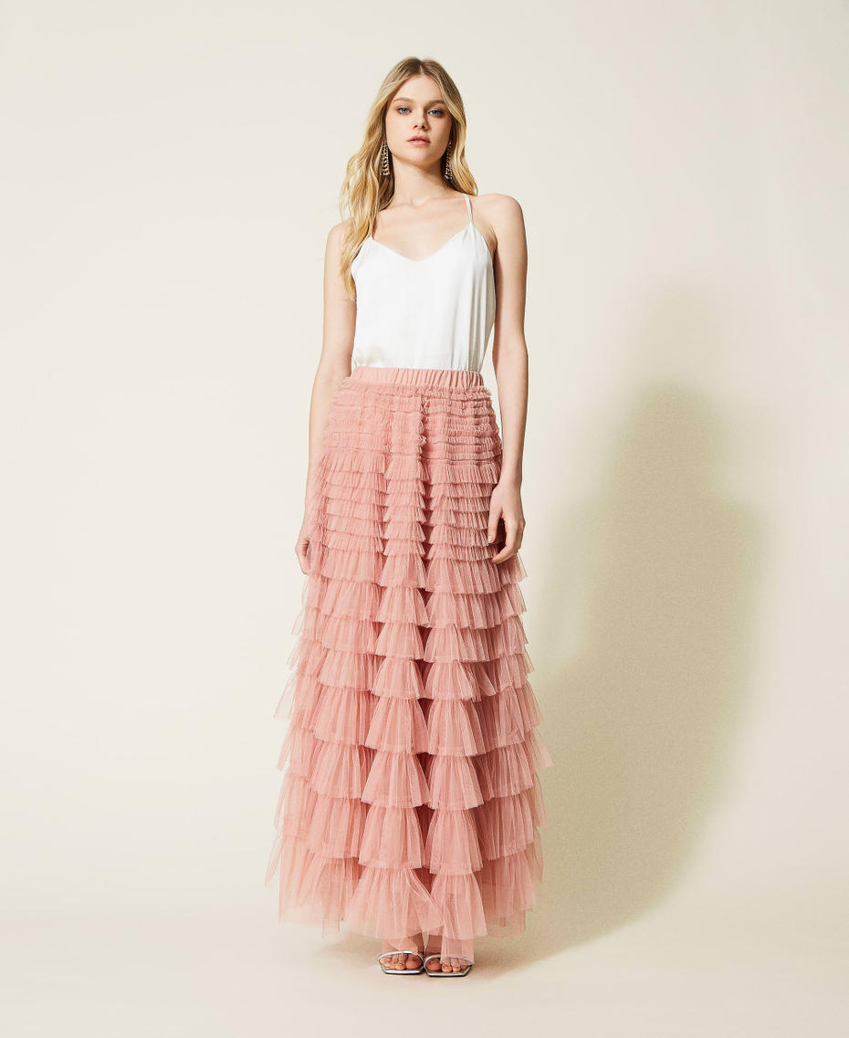 Pleated tulle long skirt