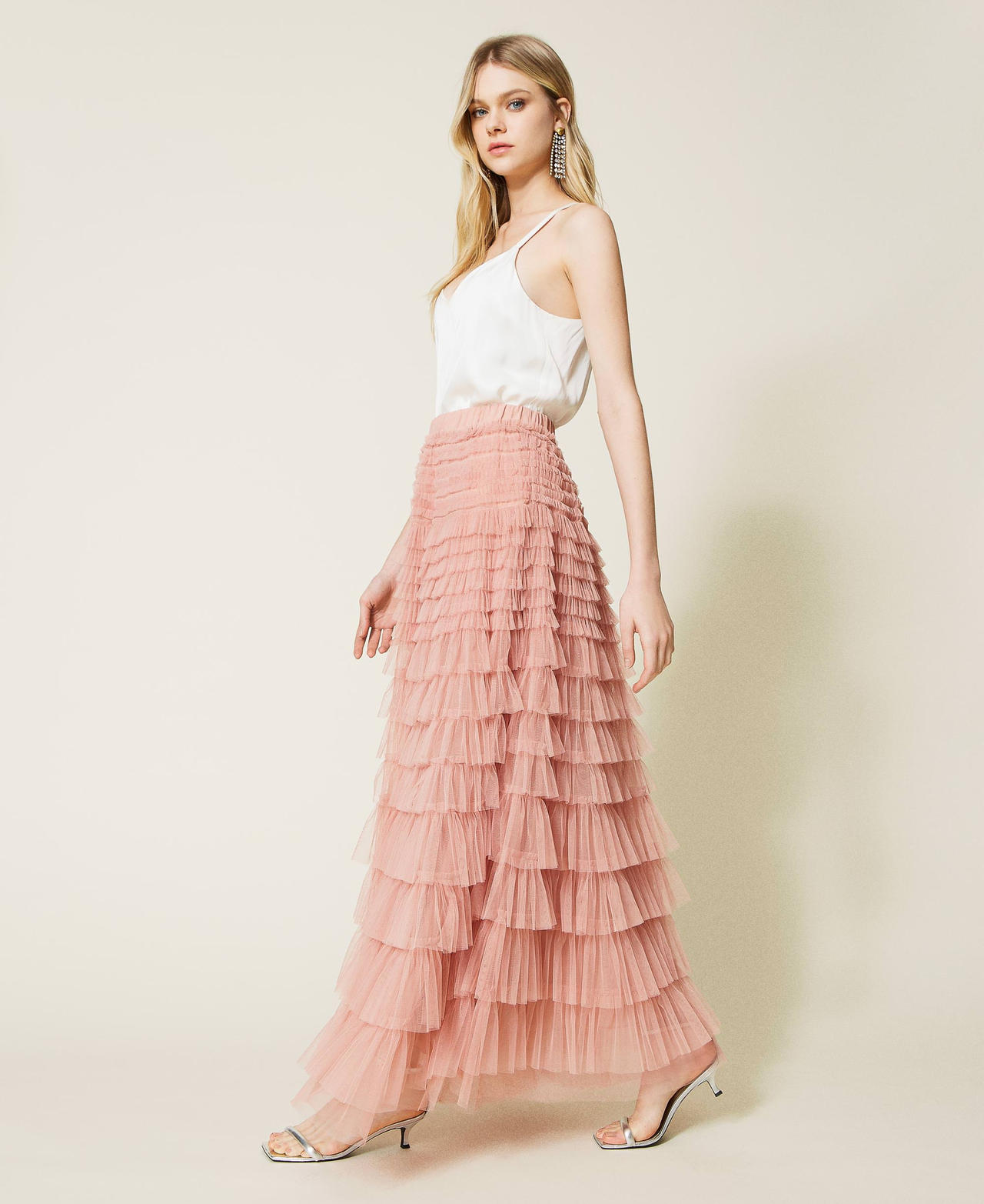 Pleated tulle long skirt