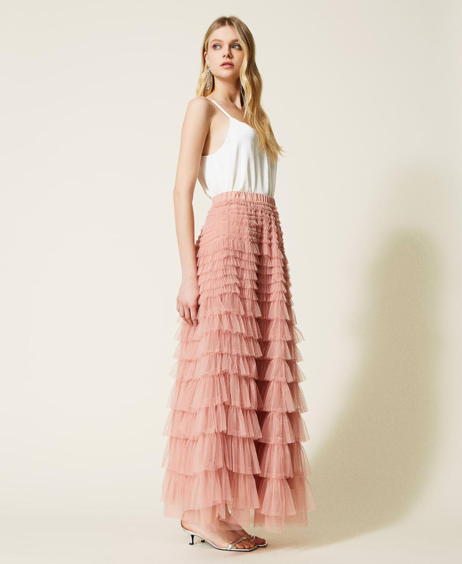 Pleated tulle long skirt Parisienne Pink Woman 222TP2111-04