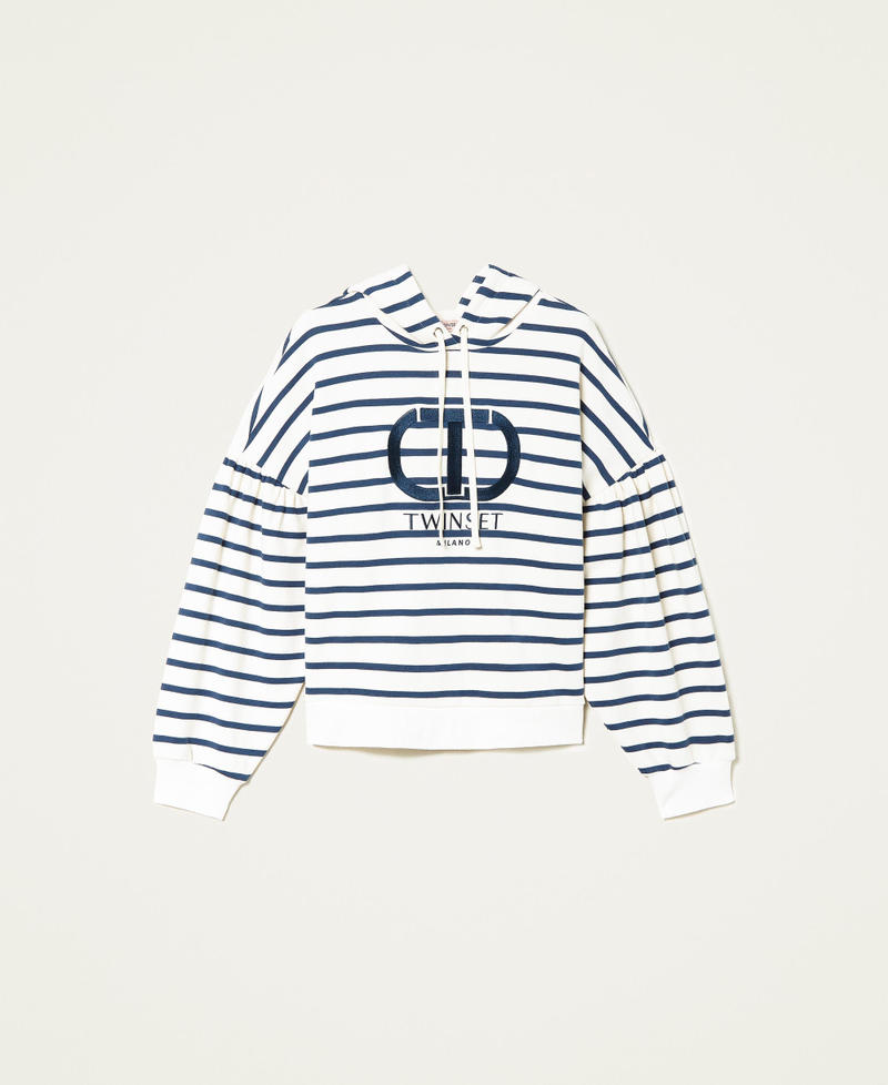 Sweat-shirt rayé avec capuche et logo Blanc « Neige »/Rayure Bleue Femme 222TP2132-0S